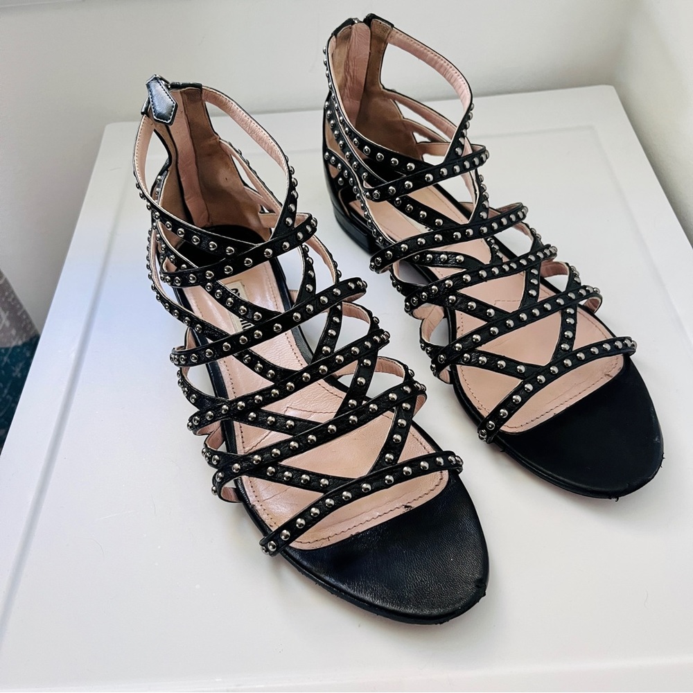 Miu Miu Black Leather Studded Gladiator Flat Sandals